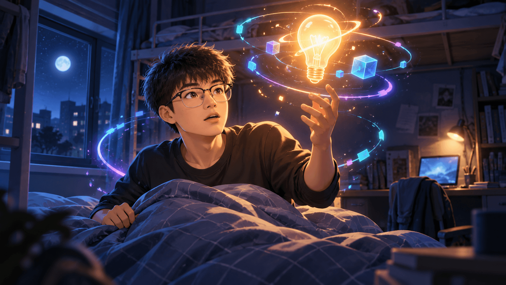 卡通人物在深夜宿舍里灵感乍现